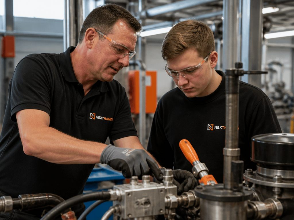 Ervaren monteur begeleidt een starter bij een technische installatie