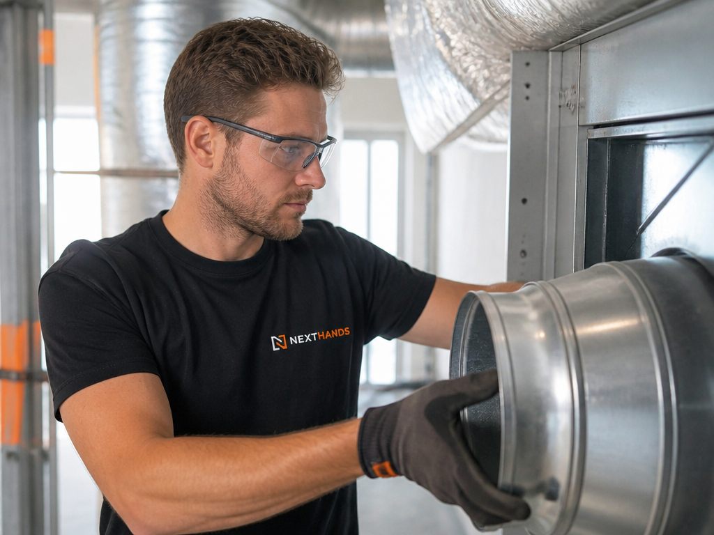 Monteur monteert een ventilatiekanaal in een bedrijfspand