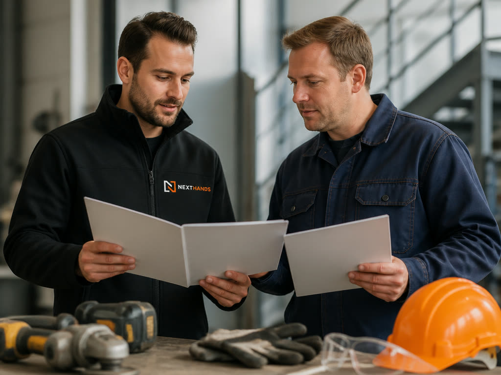 Adviseur en werkgever vergelijken twee profielen naast technische materialen.