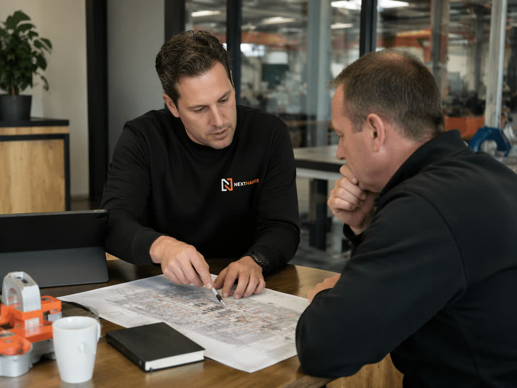 Technisch team bespreekt taakverdeling tussen ervaren monteurs en starters.