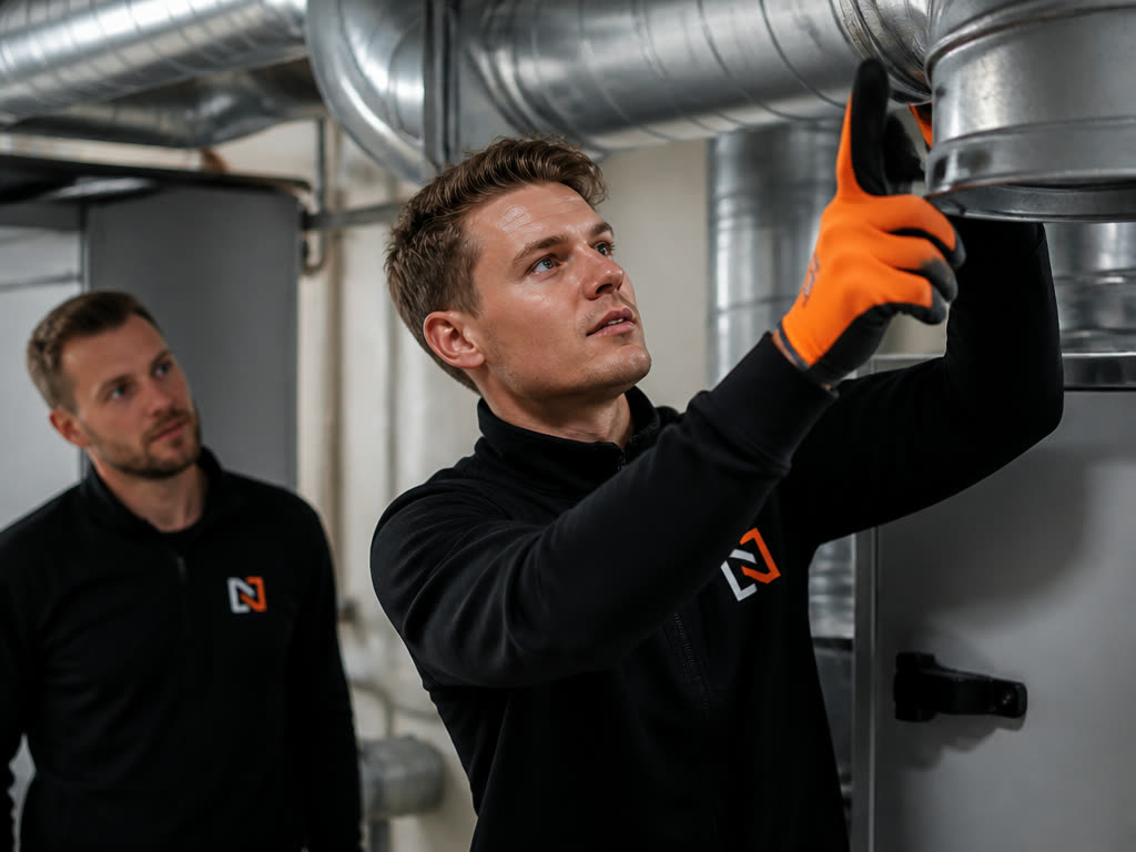 Ventilatiemonteur werkt aan luchtbehandeling en kanaalwerk.