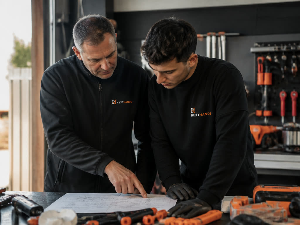 Mentor en planner bespreken begeleidingstijd in een werkplaatskantoor.