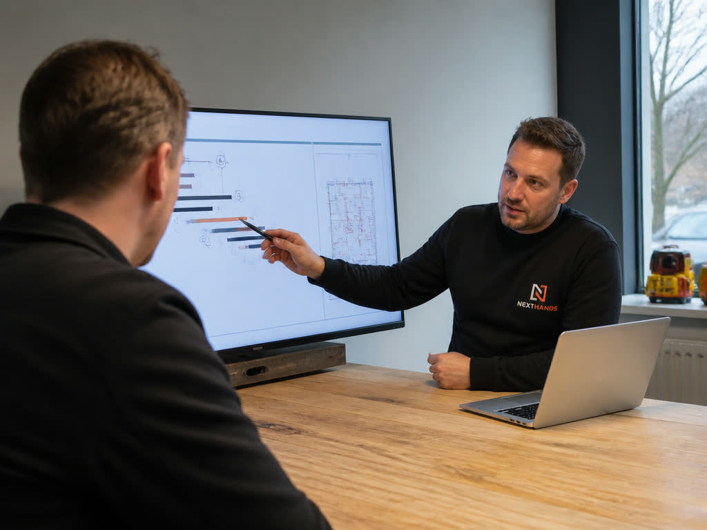 Werkgever en NEXTHANDS-adviseur bespreken instroomplanning in een werkplaats.