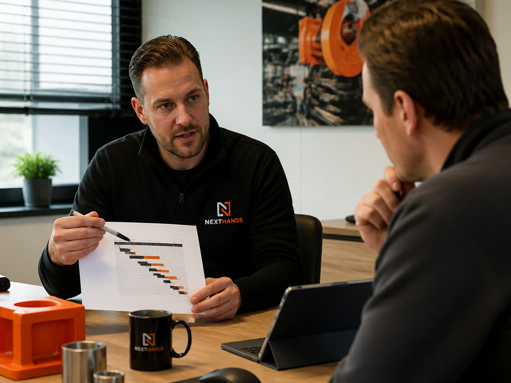 Werkgever en NEXTHANDS-adviseur bespreken recruitment en opleiden aan een werkbank.