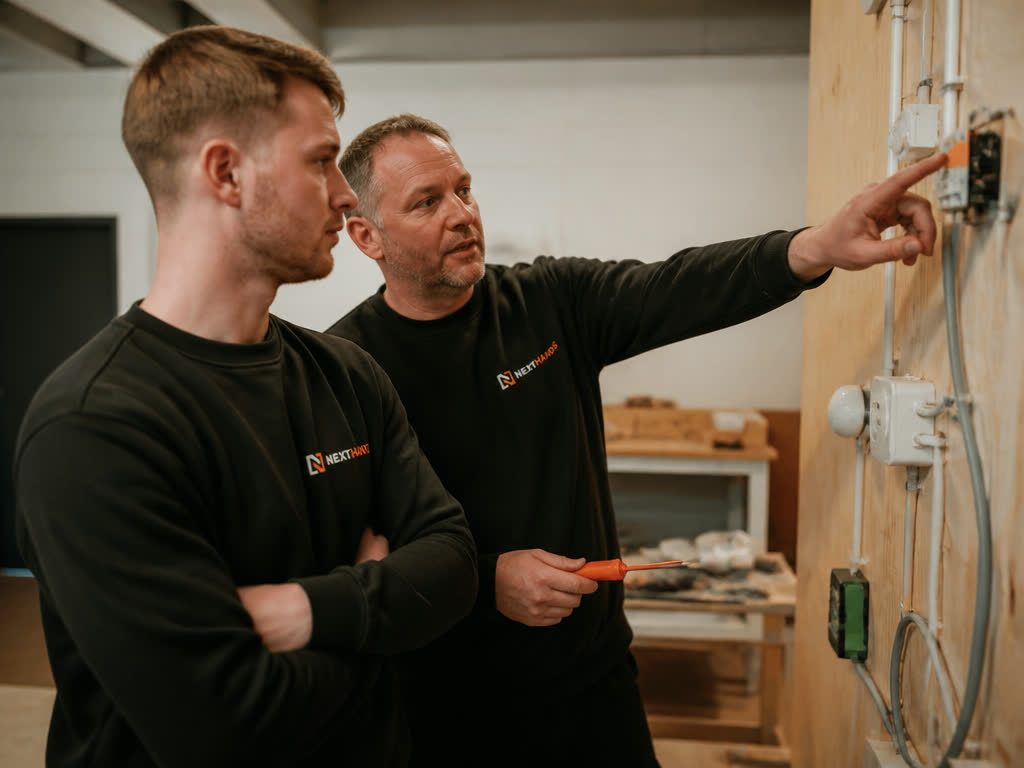 Leermeester begeleidt een starter bij technisch werk.