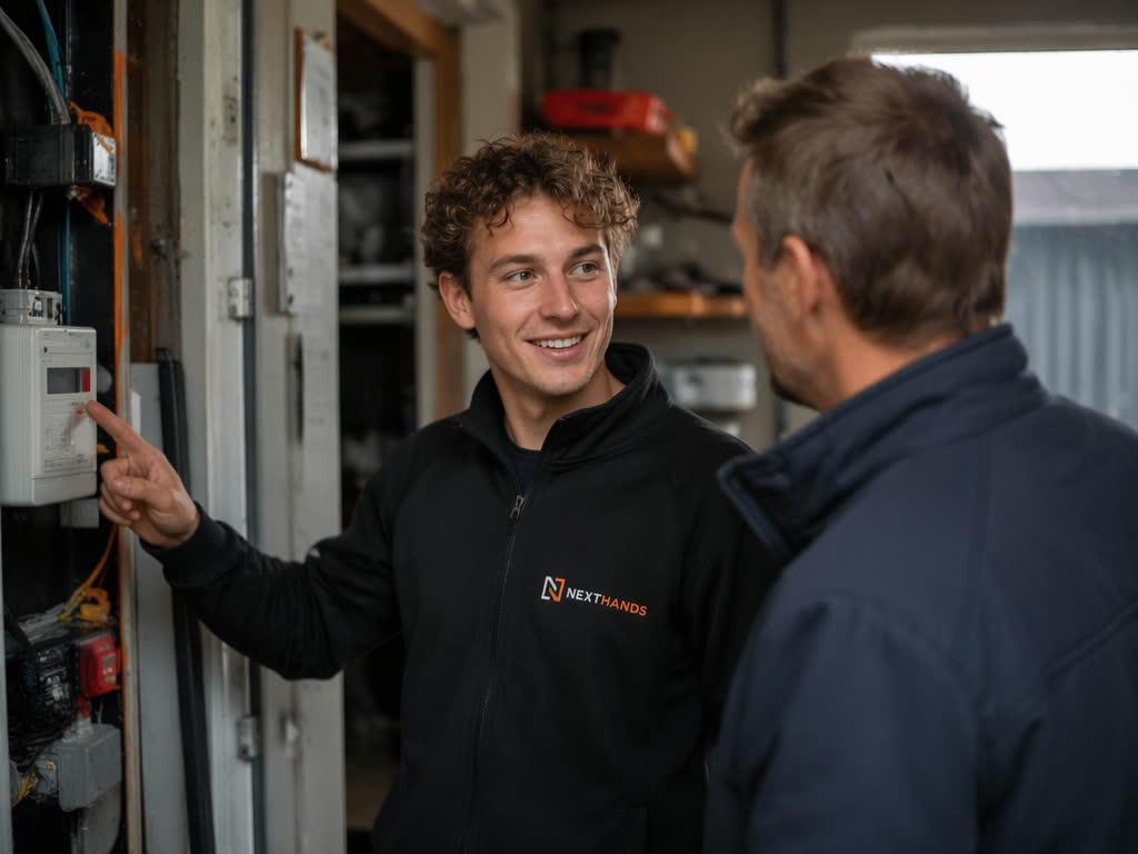 NEXTHANDS-adviseur en werkgever lopen door een werkplaats en bespreken passend werk.