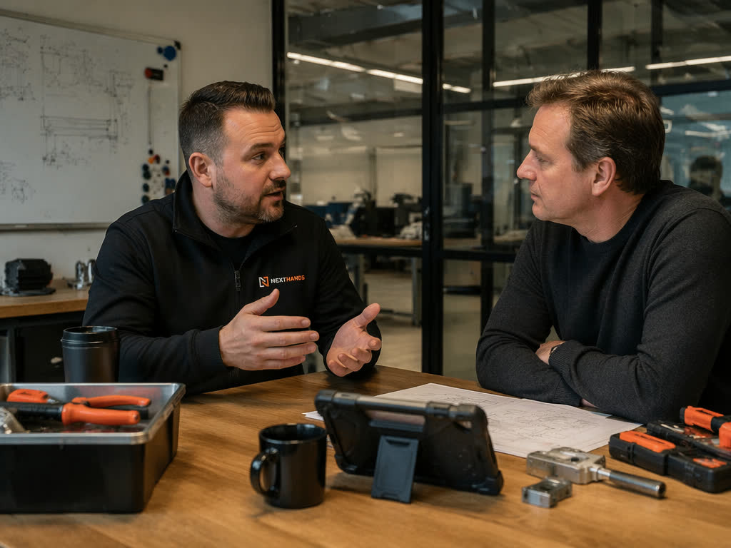 Mentor en starter voeren een rustig evaluatiegesprek aan een werkbank.