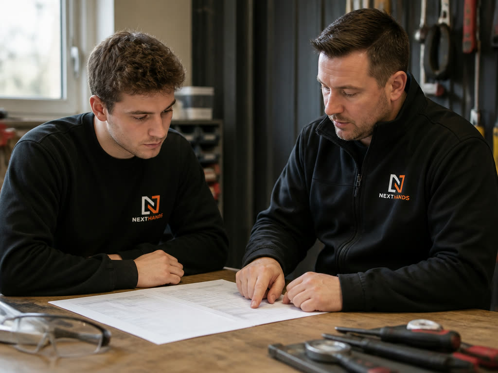 Starter en adviseur bespreken arbeidsafspraken aan een werkbank zonder leesbare bedragen.