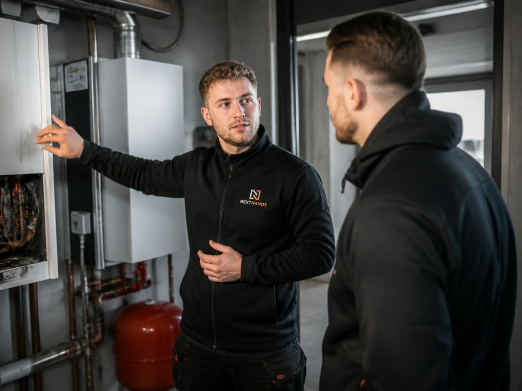 Starter en mentor bespreken veiligheid en certificaten bij gereedschap.