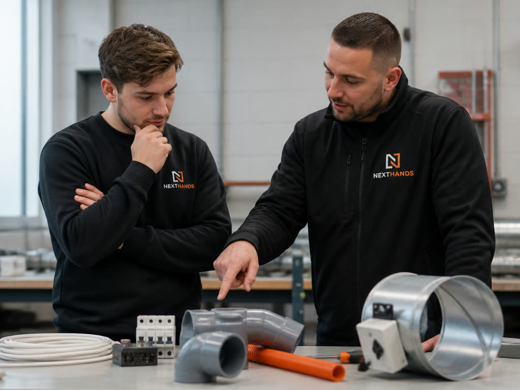 Starter en mentor vergelijken verschillende technische materialen op een werkbank.