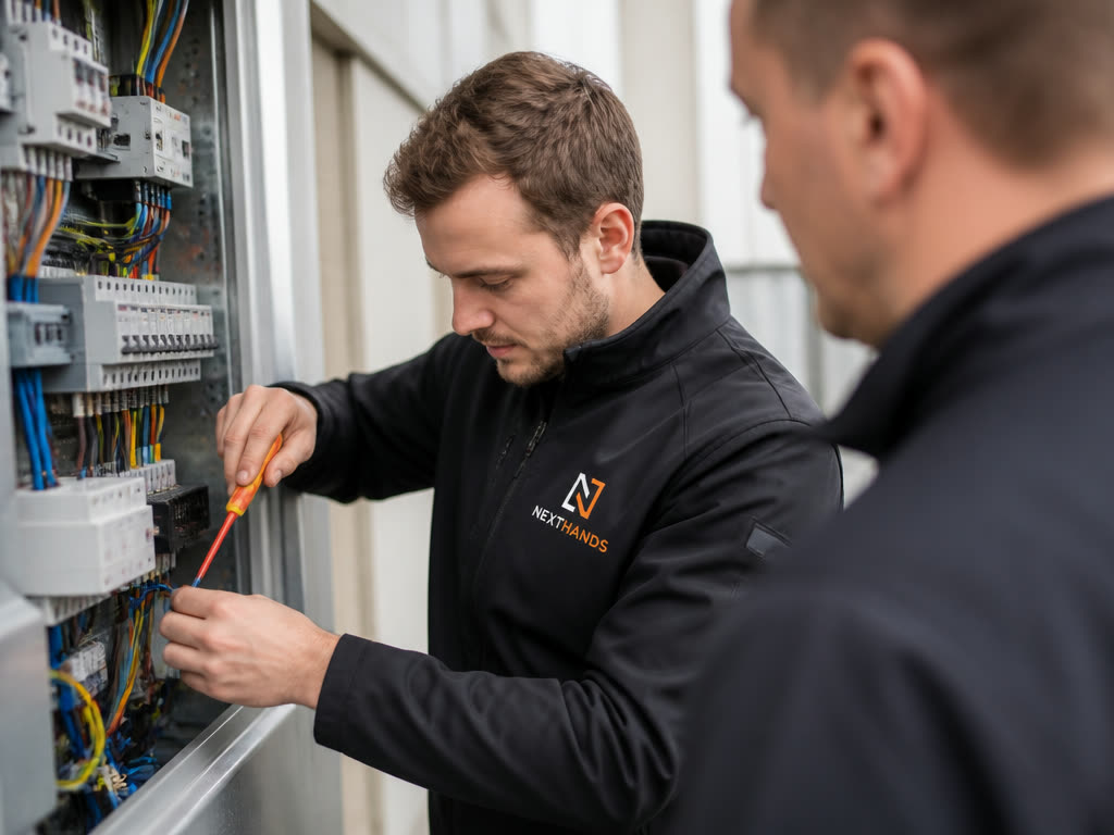 Elektromonteur werkt veilig aan een technische installatie.
