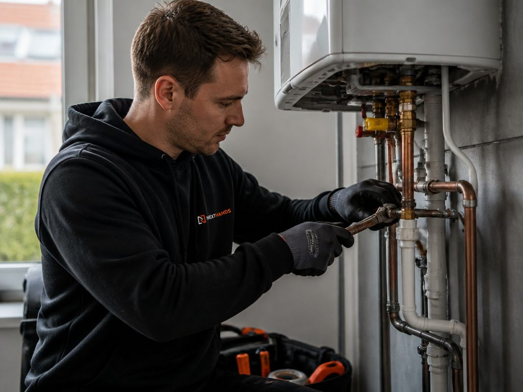 Monteur werkt aan een sanitaire installatie in een badkamer