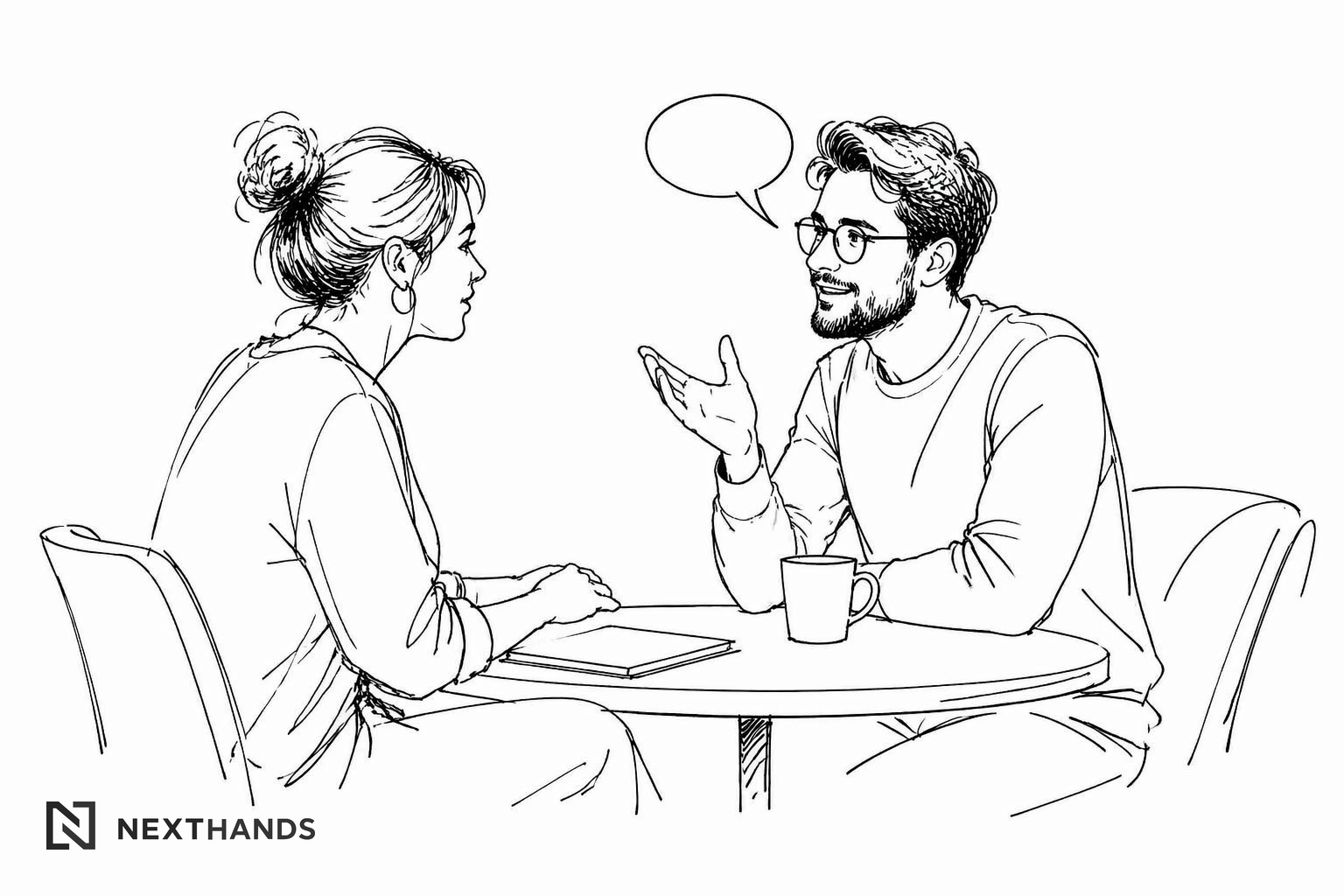 Illustratie van een open intakegesprek tussen deelnemer en begeleider