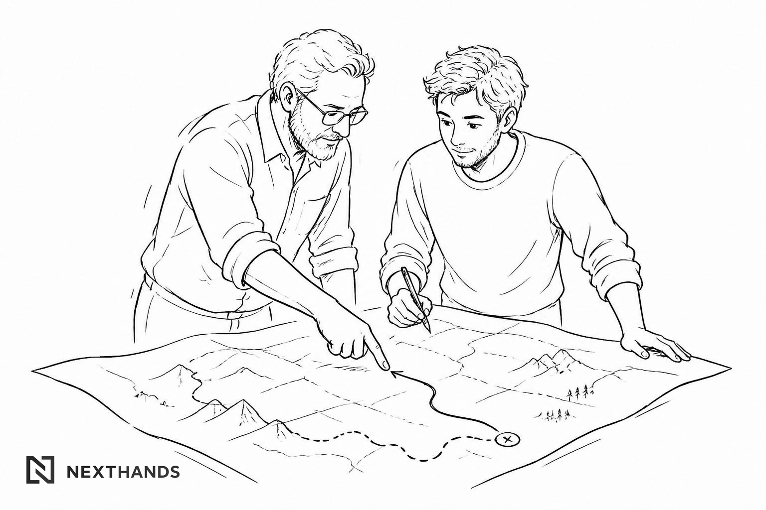 Illustratie van deelnemer en begeleider die samen een route tekenen