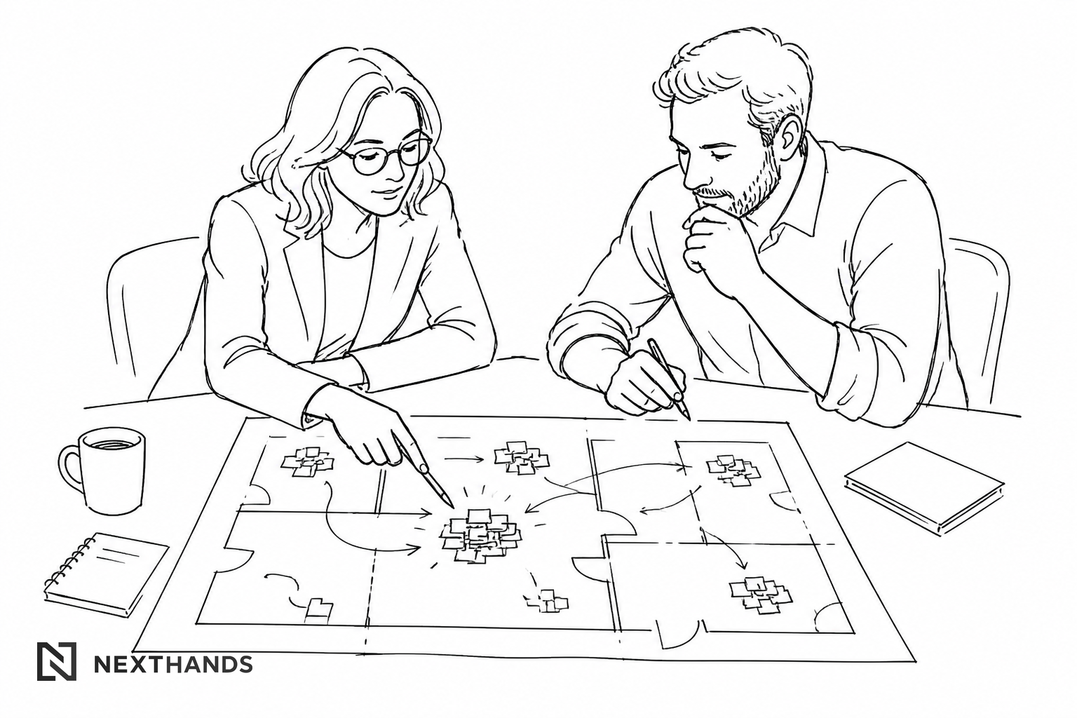 Illustratie van een adviseur en ondernemer die samen het bedrijf in kaart brengen